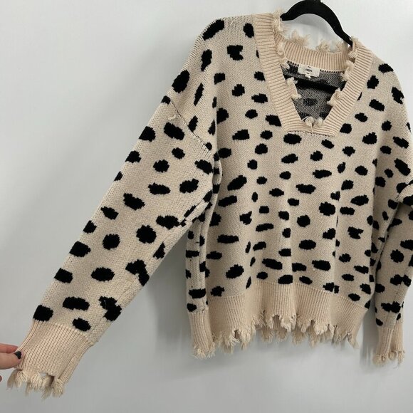 ENTRO Beige Black Spotted Distressed Soft Knit Boxy Pullover Sweater Size Medium - Picture 5 of 9